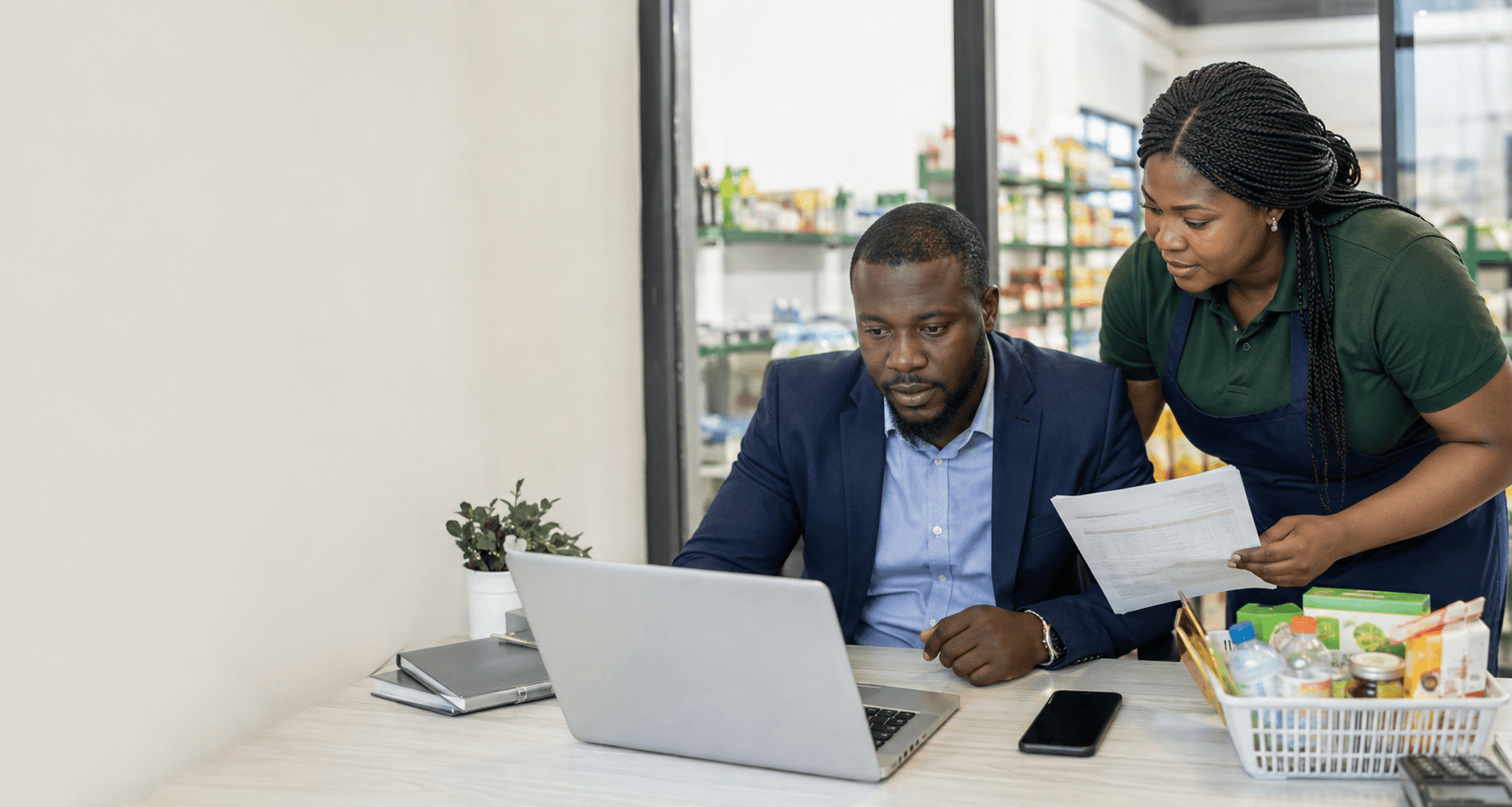 Business team reviewing sales, invoicing, expenses, and customer collections